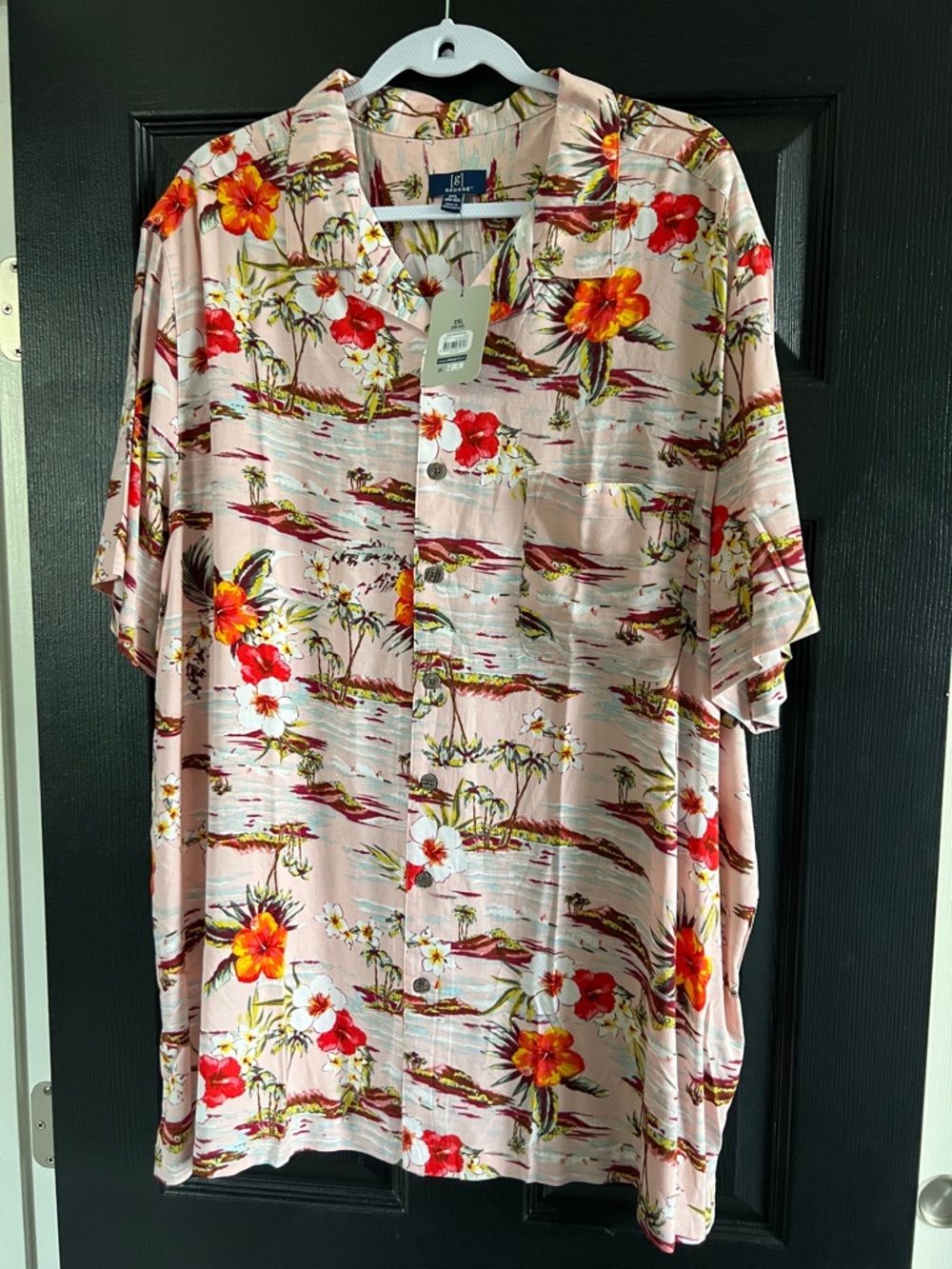 George Pink Hawaiian Button-Down Shirt with Red & Orange Floral Print